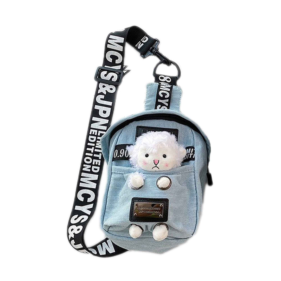 Sea Dragon Dreams kawaii denim crossbody sling bag featuring a plush sheep charm and adjustable logo strap