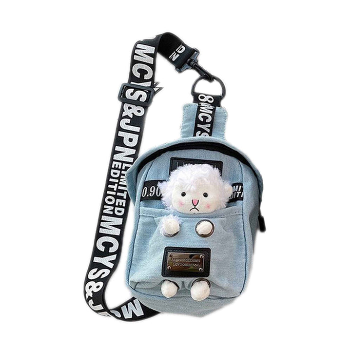 Sea Dragon Dreams kawaii denim crossbody sling bag featuring a plush sheep charm and adjustable logo strap