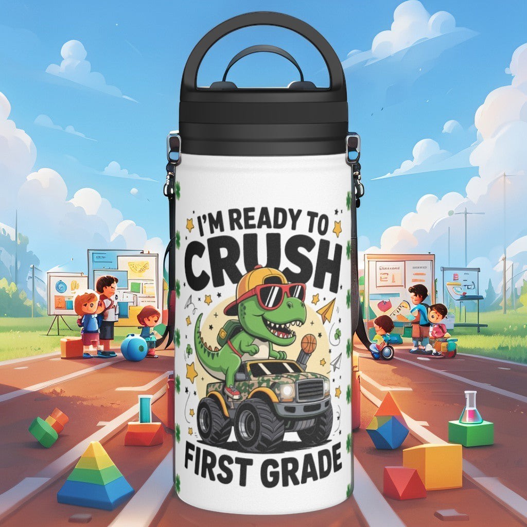 Sea Dragon Dreams stainless steel water bottle for kids with a dinosaur graphic and Ready to Crush First Grade text.