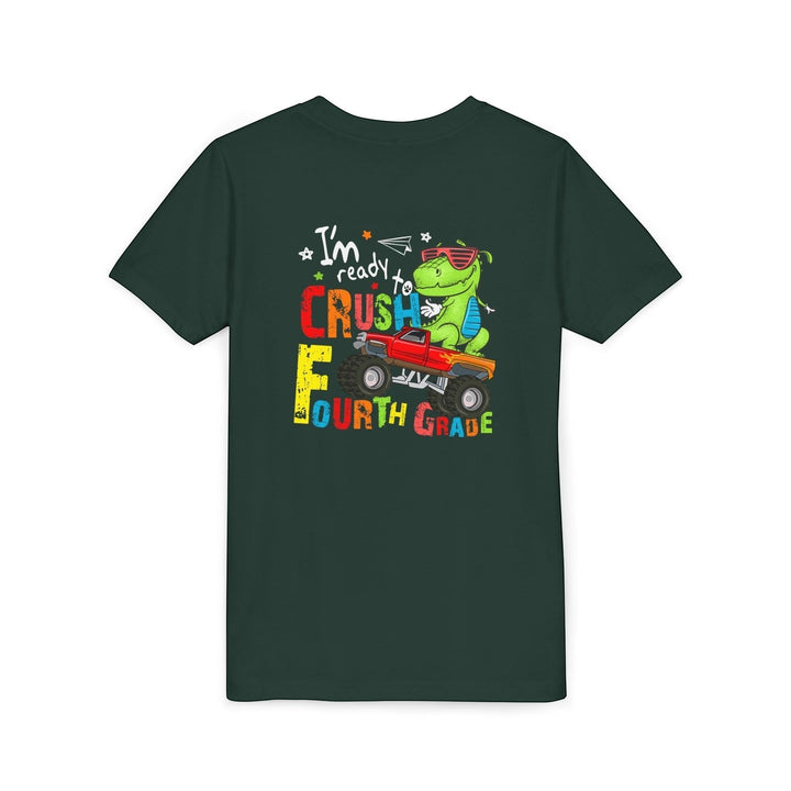 Sea Dragon Dreams dark green youth t-shirt with a T-Rex dinosaur driving a monster truck for fourth grade back-to-school