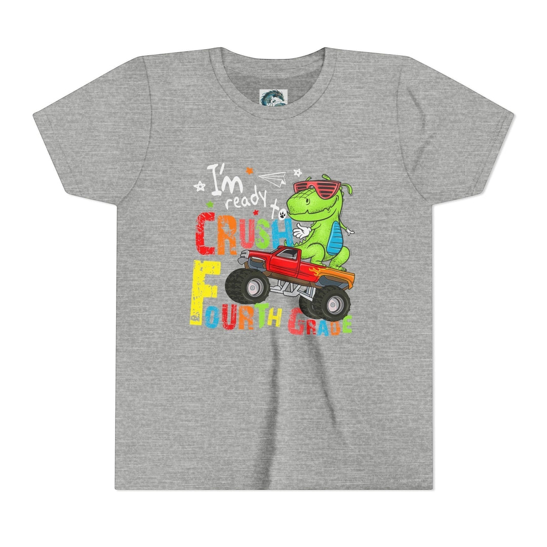 Sea Dragon Dreams grey kids t-shirt featuring a cartoon dinosaur driving a monster truck with Fourth Grade text