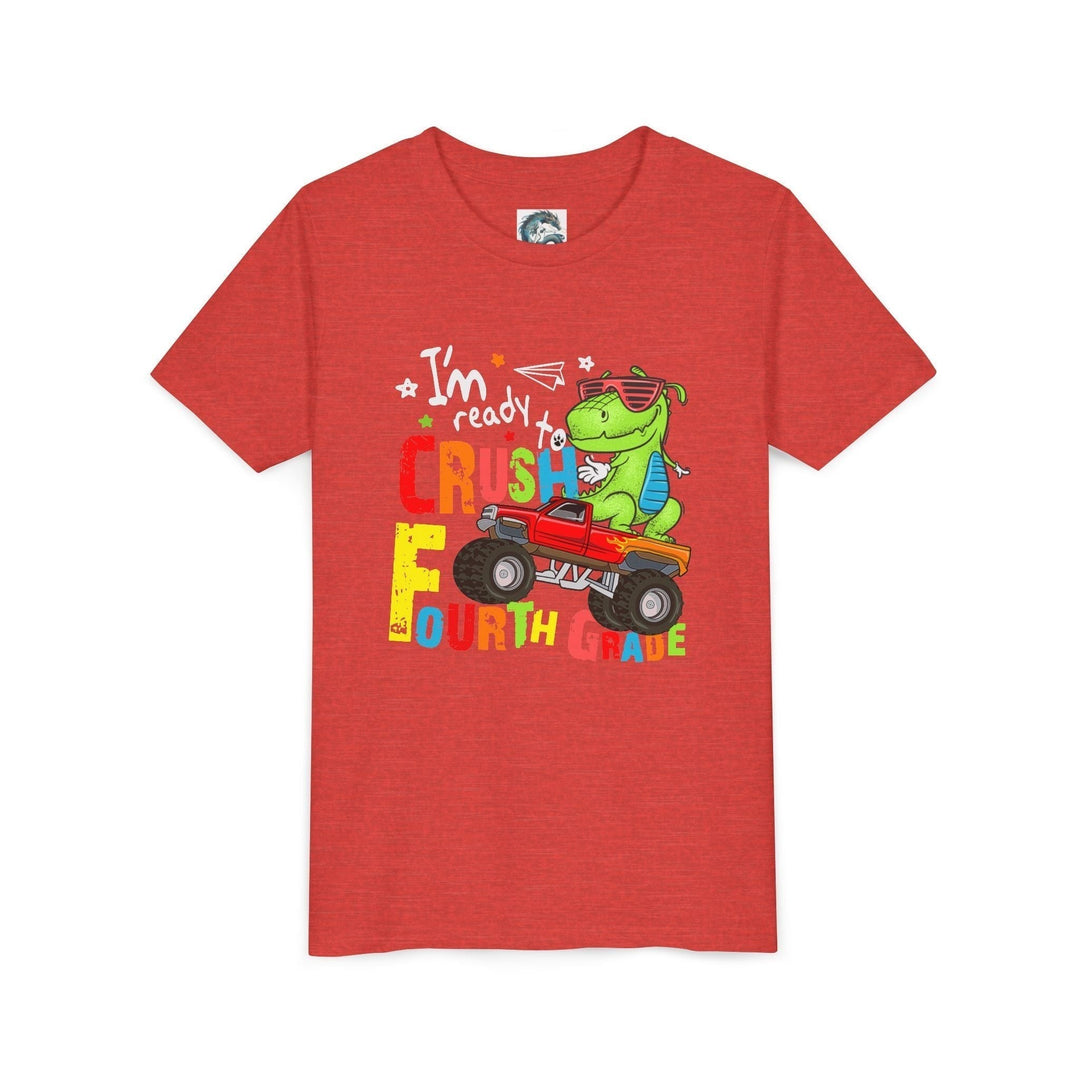 Sea Dragon Dreams red youth t-shirt featuring a green dinosaur in sunglasses driving a monster truck for 4th grade.