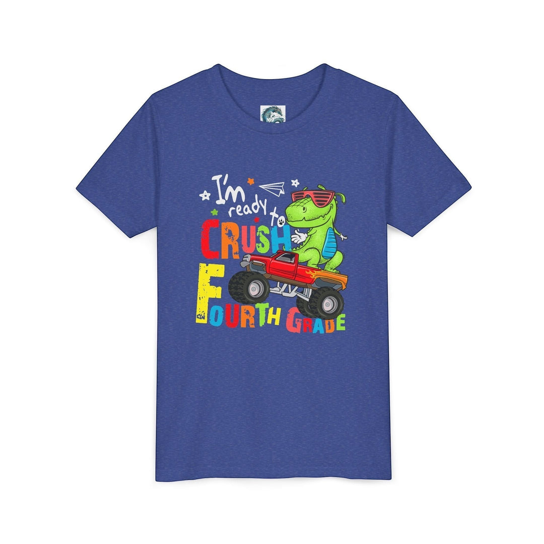 Sea Dragon Dreams blue youth t-shirt featuring a cartoon dinosaur driving a red monster truck for fourth grade.