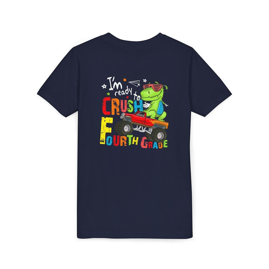 Sea Dragon Dreams navy blue youth t-shirt featuring a T-Rex dinosaur driving a red monster truck for fourth grade.
