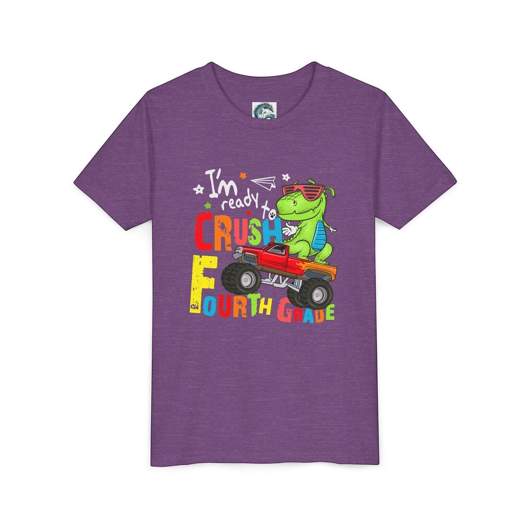Sea Dragon Dreams purple youth t-shirt featuring a green dinosaur in sunglasses driving a red monster truck