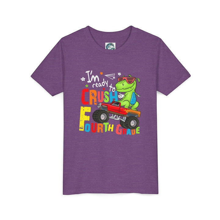 Sea Dragon Dreams purple youth t-shirt featuring a green dinosaur in sunglasses driving a red monster truck