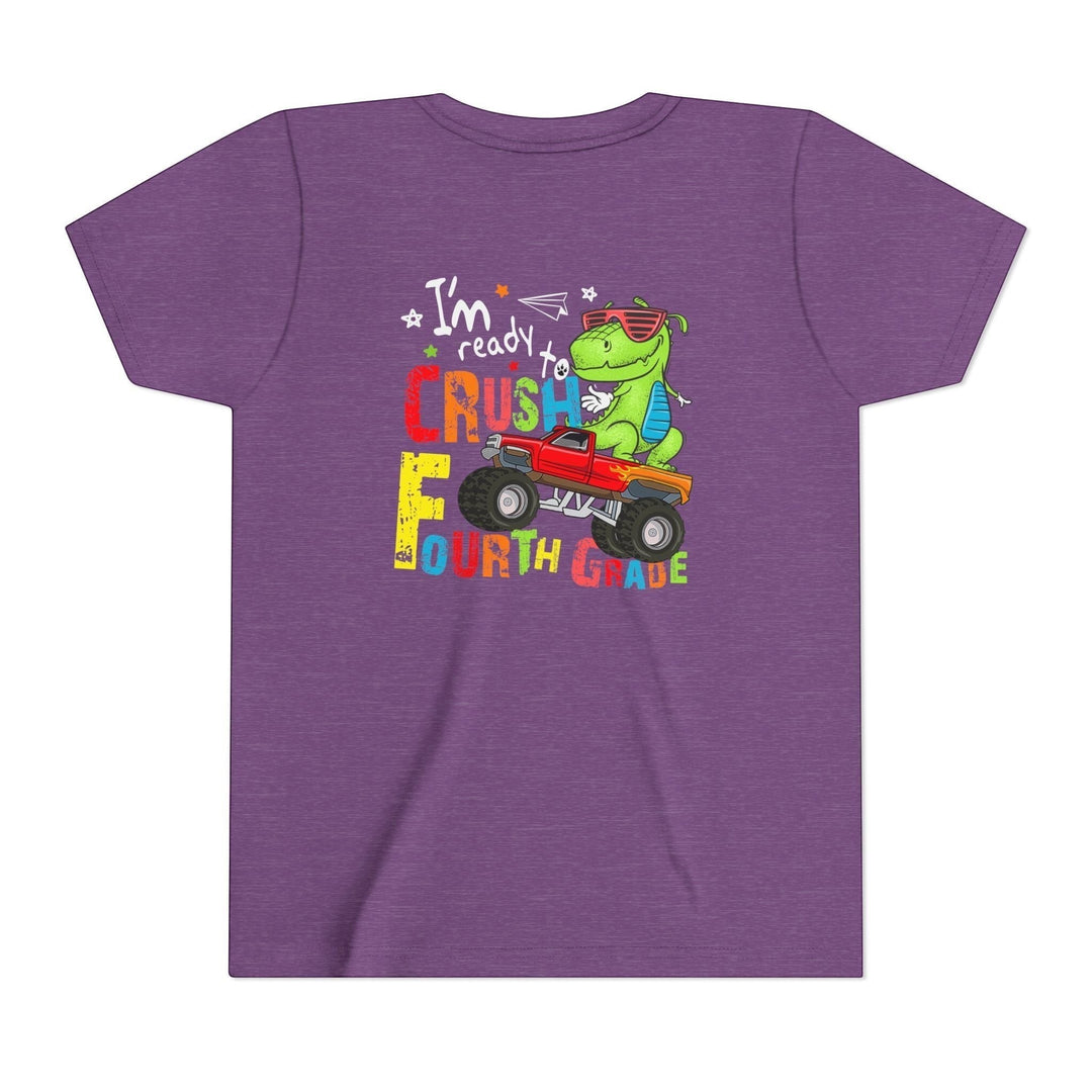 Sea Dragon Dreams purple youth t-shirt featuring a cartoon dinosaur driving a monster truck for fourth grade.