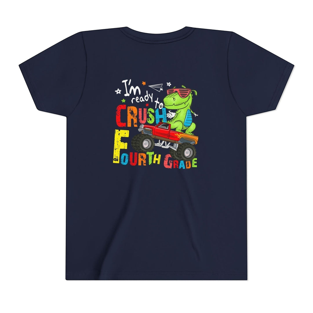 Sea Dragon Dreams navy blue youth t-shirt featuring a green dinosaur driving a red monster truck for fourth grade.
