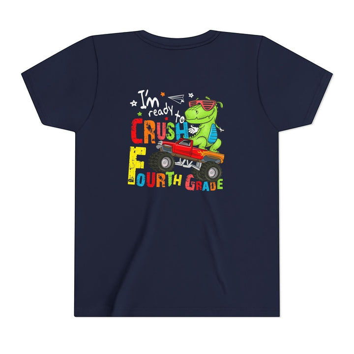 Sea Dragon Dreams navy blue youth t-shirt featuring a green dinosaur driving a red monster truck for fourth grade.