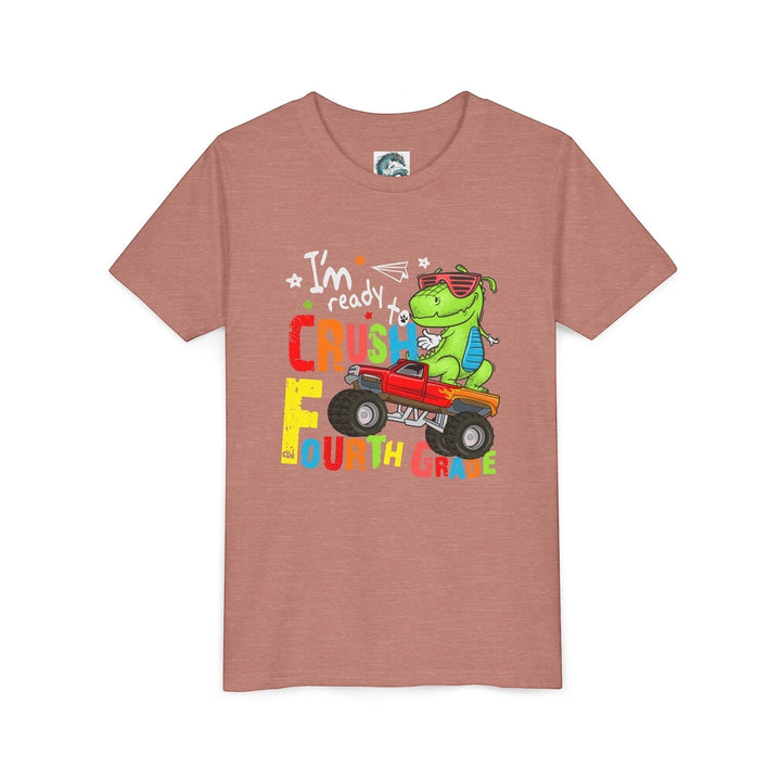 Sea Dragon Dreams youth t-shirt in dusty rose featuring a green dinosaur driving a red monster truck for fourth grade.