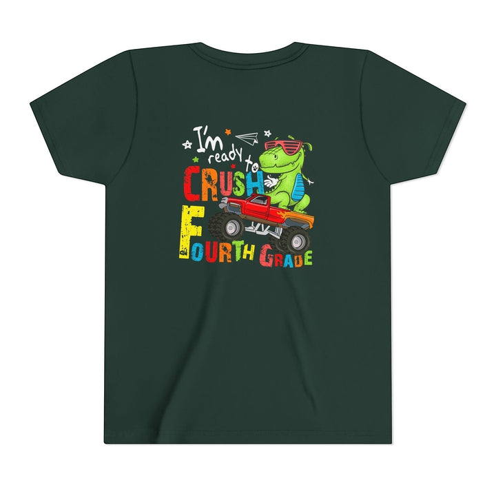 Sea Dragon Dreams dark green kids t-shirt with a playful dinosaur driving a red monster truck graphic