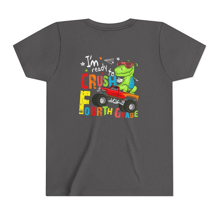 Sea Dragon Dreams grey youth t-shirt with a dinosaur driving a monster truck graphic for fourth grade students.