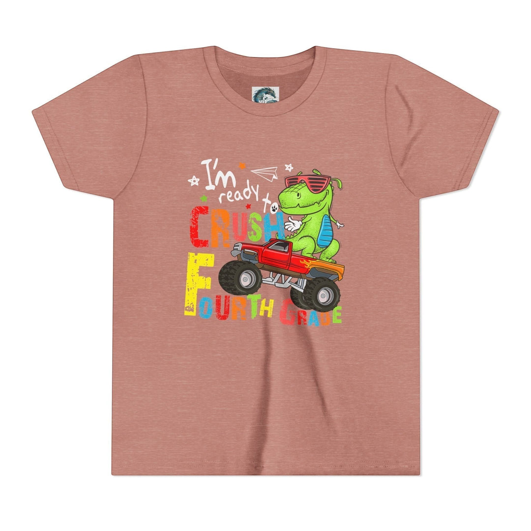 Sea Dragon Dreams youth t-shirt in heathered mauve featuring a cartoon dinosaur driving a red monster truck