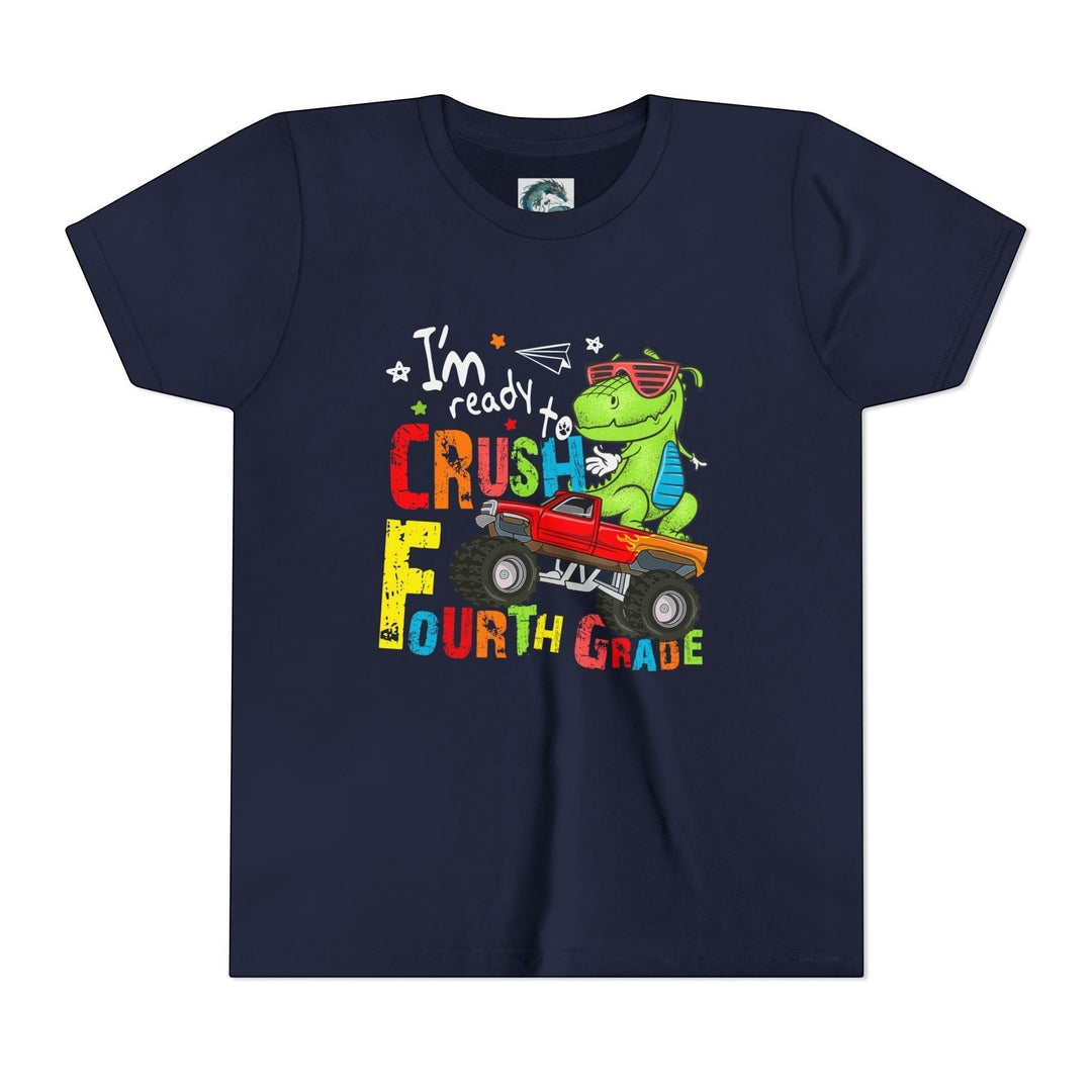Sea Dragon Dreams navy blue youth t-shirt with a dinosaur monster truck graphic for fourth grade students.
