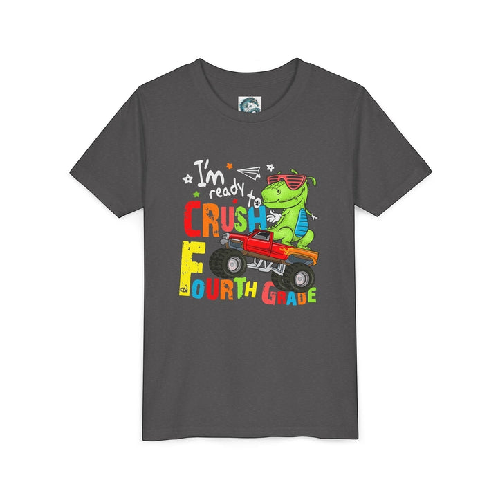 Sea Dragon Dreams grey youth t-shirt with a T-Rex dinosaur driving a red monster truck for fourth grade students.