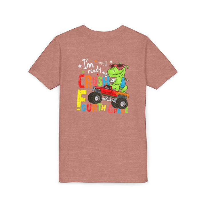 Sea Dragon Dreams youth t-shirt in heathered mauve featuring a dinosaur driving a monster truck graphic