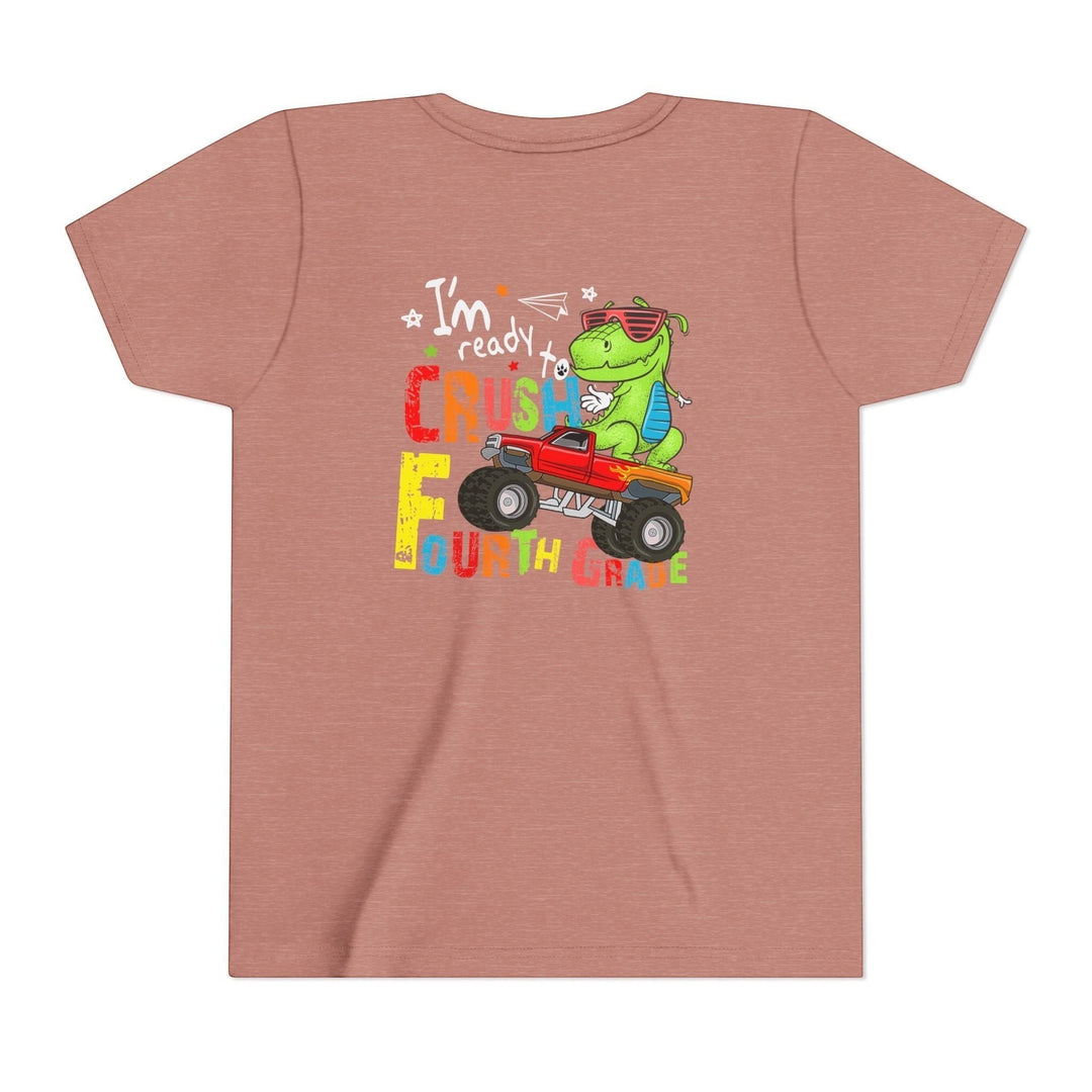 Sea Dragon Dreams youth t-shirt in dusty rose featuring a dinosaur driving a monster truck for fourth grade students.