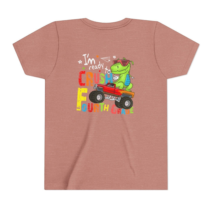 Sea Dragon Dreams youth t-shirt in dusty rose featuring a dinosaur driving a monster truck for fourth grade students.