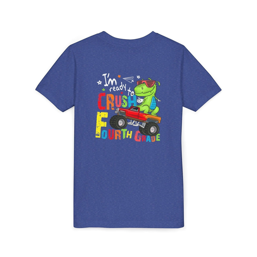 Sea Dragon Dreams blue youth t-shirt featuring a dinosaur driving a monster truck with I'm Ready to Crush Fourth Grade text