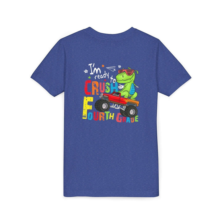 Sea Dragon Dreams blue youth t-shirt featuring a dinosaur driving a monster truck with I'm Ready to Crush Fourth Grade text