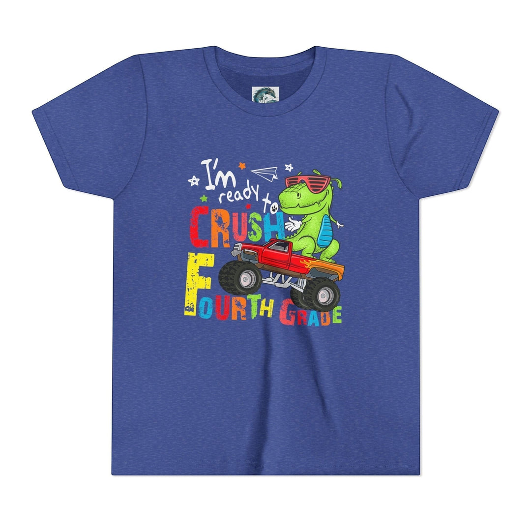 Sea Dragon Dreams blue youth t-shirt featuring a cartoon T-Rex driving a monster truck for fourth grade back to school