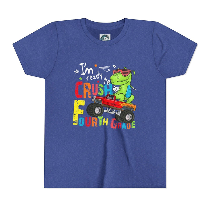 Sea Dragon Dreams blue youth t-shirt featuring a cartoon T-Rex driving a monster truck for fourth grade back to school