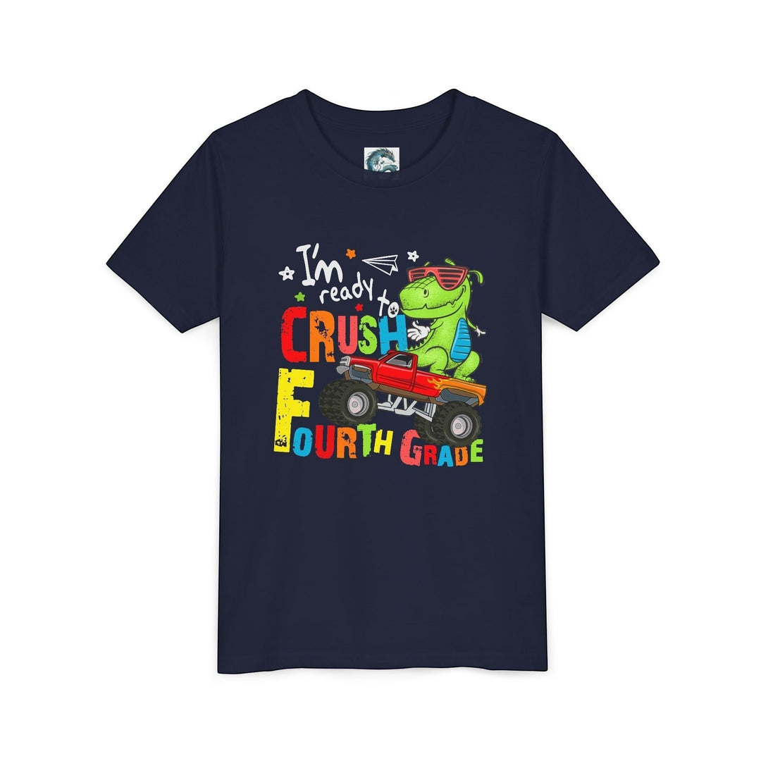 Sea Dragon Dreams navy blue kids t-shirt featuring a green dinosaur in sunglasses driving a red monster truck.