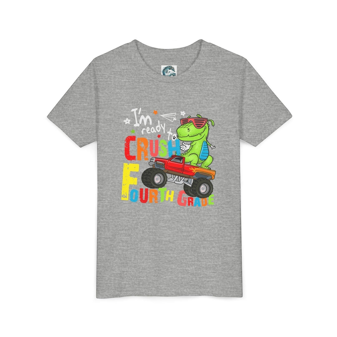 Sea Dragon Dreams grey cotton youth t-shirt featuring a green dinosaur in sunglasses driving a red monster truck.