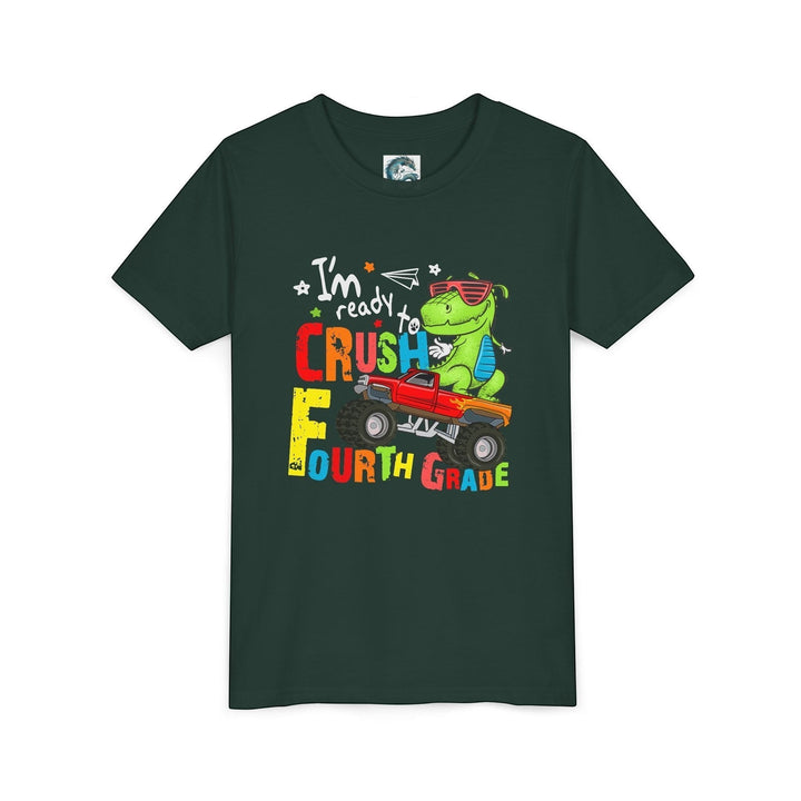 Sea Dragon Dreams dark green youth t-shirt featuring a cartoon dinosaur in sunglasses driving a red monster truck.