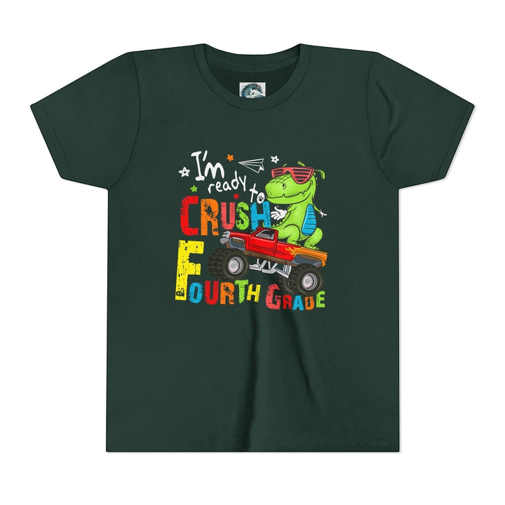 Sea Dragon Dreams dark green youth t-shirt featuring a T-Rex dinosaur driving a monster truck for fourth grade.