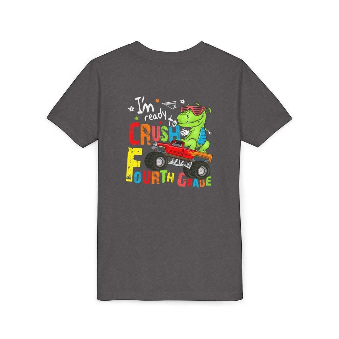 Sea Dragon Dreams grey youth t-shirt featuring a dinosaur in sunglasses driving a monster truck for fourth grade.