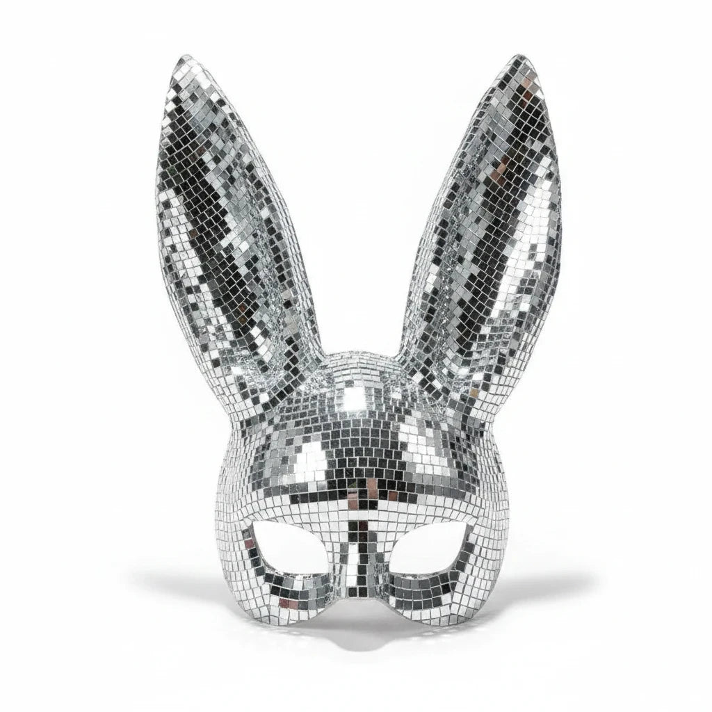 Sea Dragon Dreams silver disco mirror bunny mask with reflective faceted tiles for festivals and costume parties.
