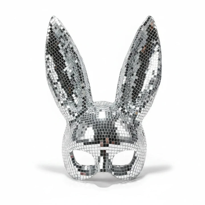 Sea Dragon Dreams silver disco mirror bunny mask with reflective faceted tiles for festivals and costume parties.
