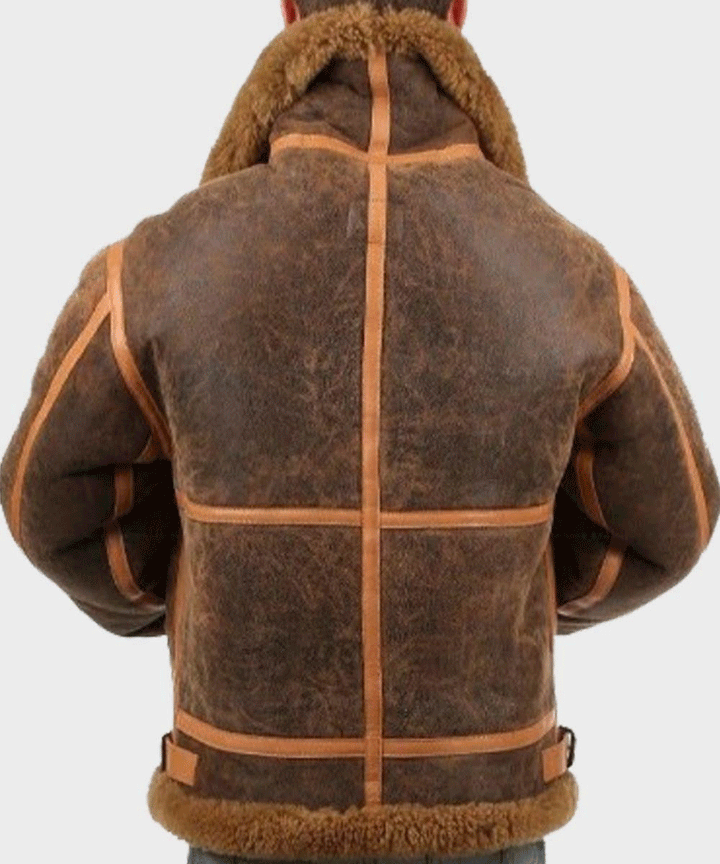 Back view of a Sea Dragon Dreams men's distressed brown leather aviator jacket with a plush shearling collar and lining.