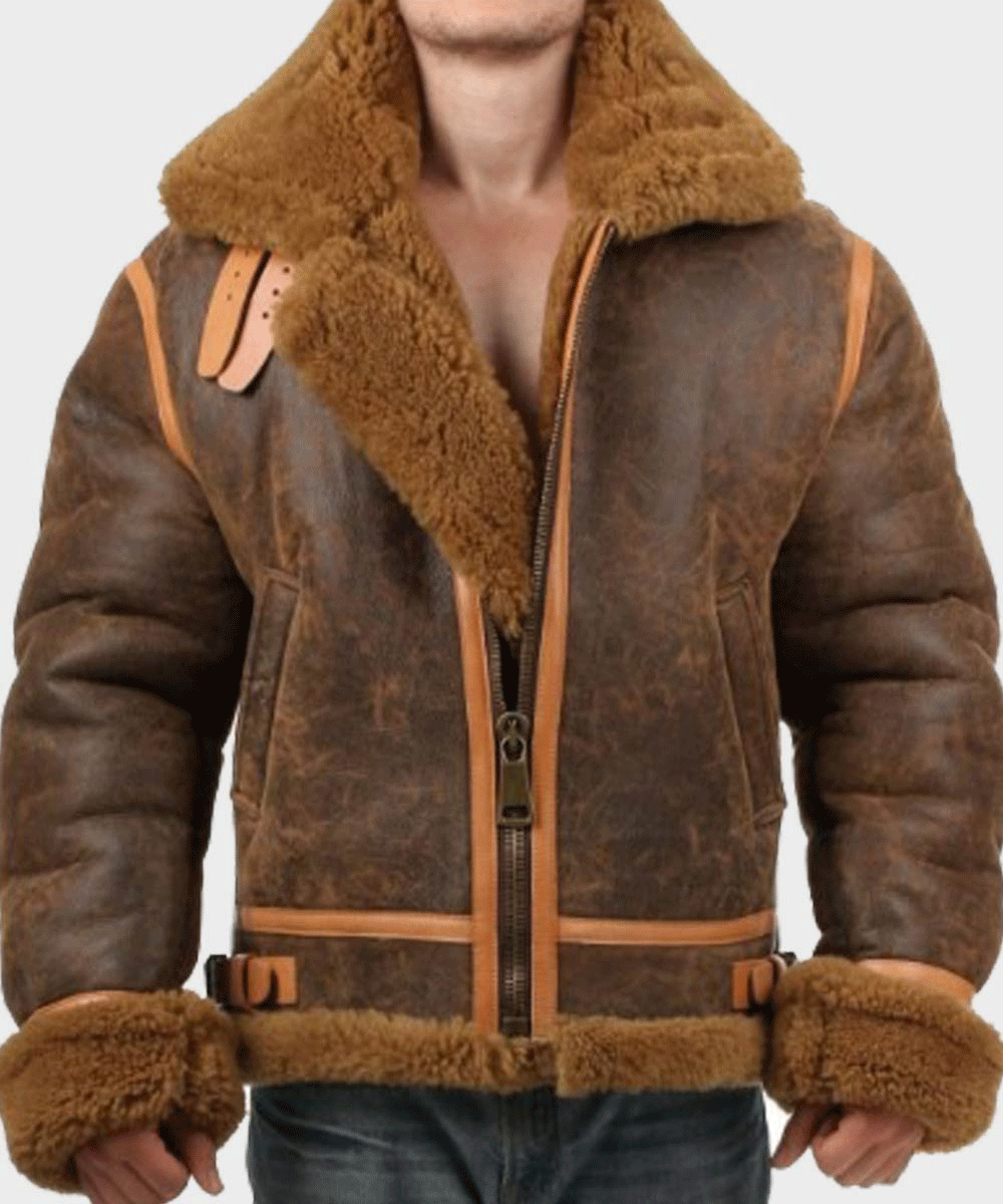 Sea Dragon Dreams men's distressed brown leather aviator jacket with a plush shearling collar and warm lining.