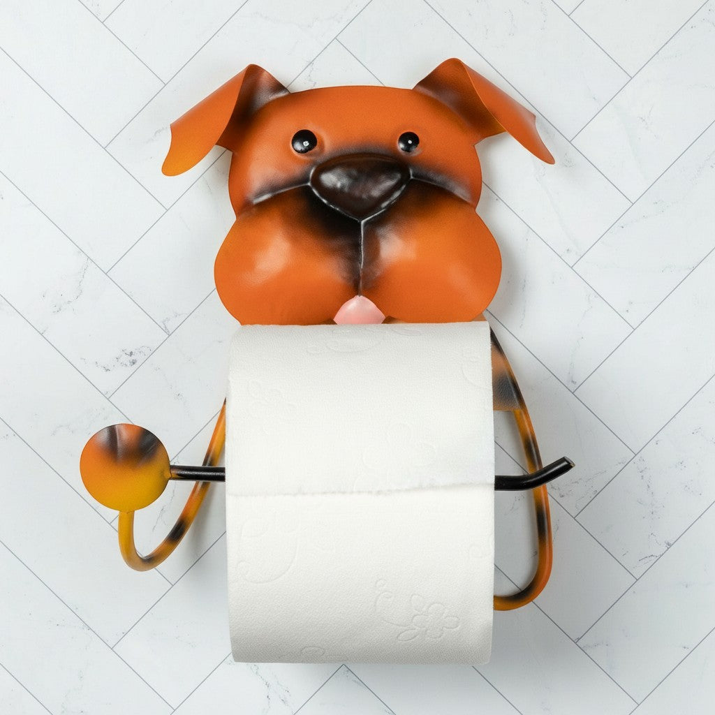 Sea Dragon Dreams metal dog toilet paper holder with a whimsical brown puppy design on a white tiled wall.