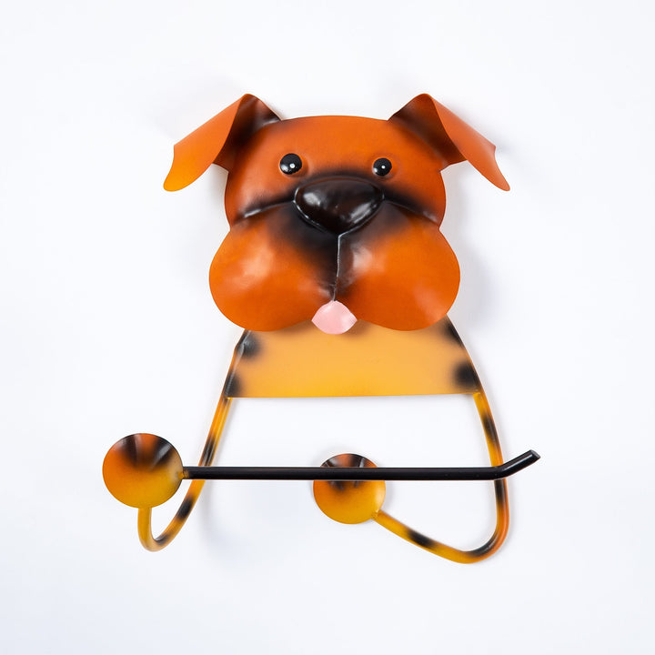 Sea Dragon Dreams dog-shaped metal toilet paper holder with a brown and tan finish for bathroom wall décor.