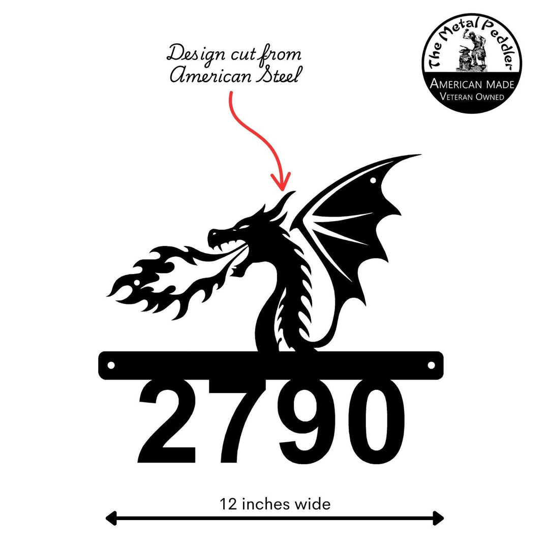 Sea Dragon Dreams personalized black metal address sign featuring a fire-breathing dragon silhouette and house number.