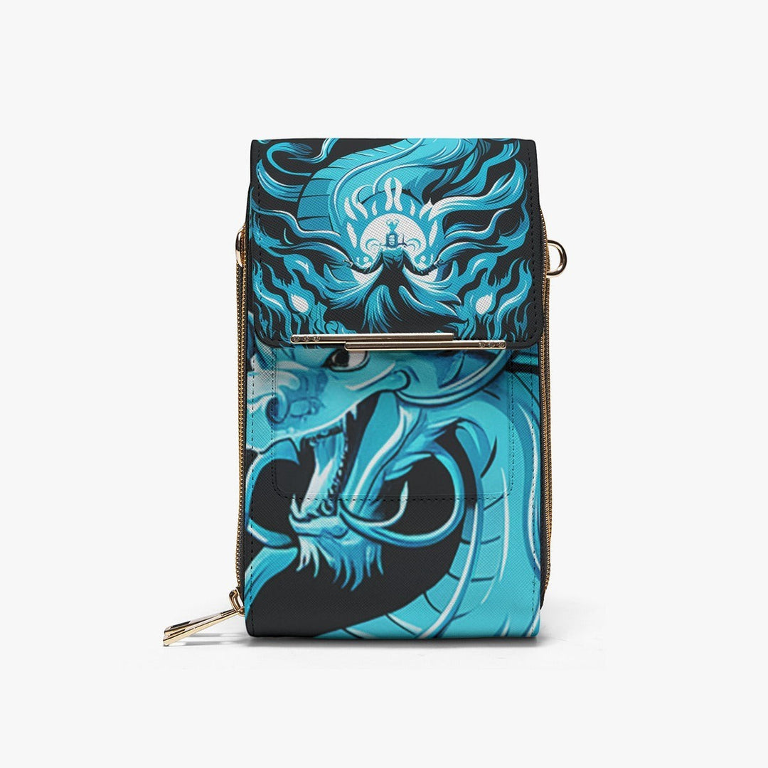 Sea Dragon Dreams Majesty Dragon crossbody chest bag in blue and black PU leather with a striking dragon graphic.