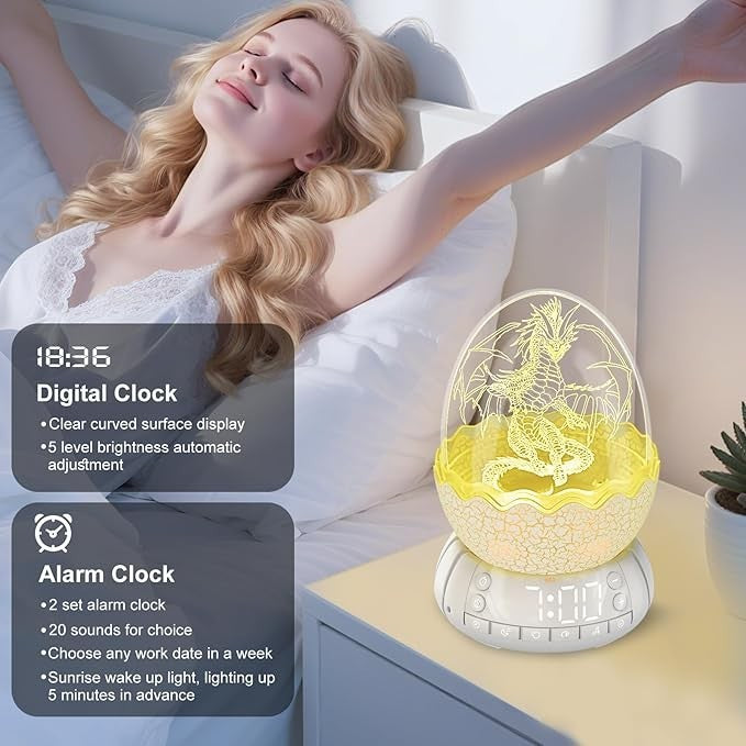 Sea Dragon Dreams dragon egg alarm clock with sunrise light and Bluetooth speaker on a bedside table next to a woman.