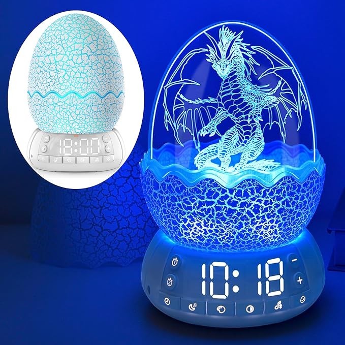 Sea Dragon Dreams dragon egg alarm clock with blue LED light, Bluetooth speaker, and 3D dragon silhouette display.