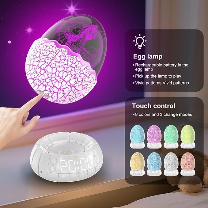 Sea Dragon Dreams dragon egg alarm clock with a glowing purple light, digital display base, and touch controls.