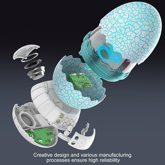 Sea Dragon Dreams dragon egg alarm clock exploded view showing internal speaker, circuit board, and plastic shell