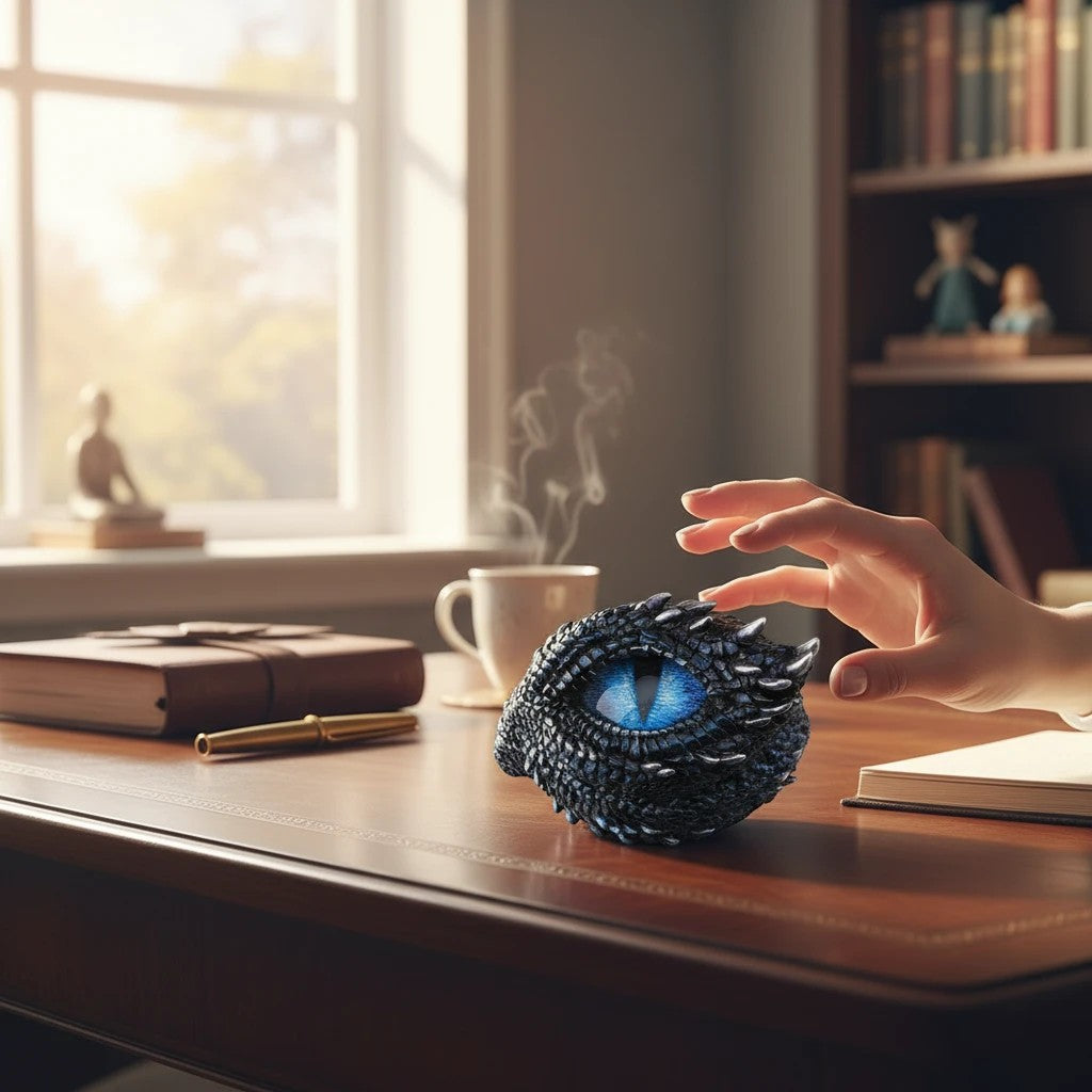 Sea Dragon Dreams Thorny Scale Dragon Eye trinket box with a blue iridescent iris on a wooden desk.