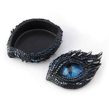 Sea Dragon Dreams polystone trinket box with a blue dragon eye lid and thorny black scales, shown open.