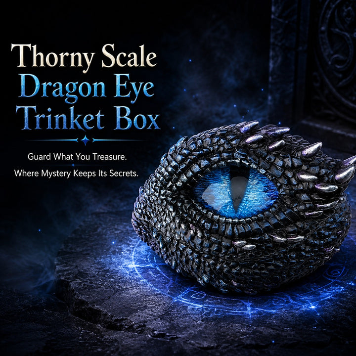 Sea Dragon Dreams Thorny Scale Dragon Eye trinket box featuring a glittering blue iris and detailed black scales.