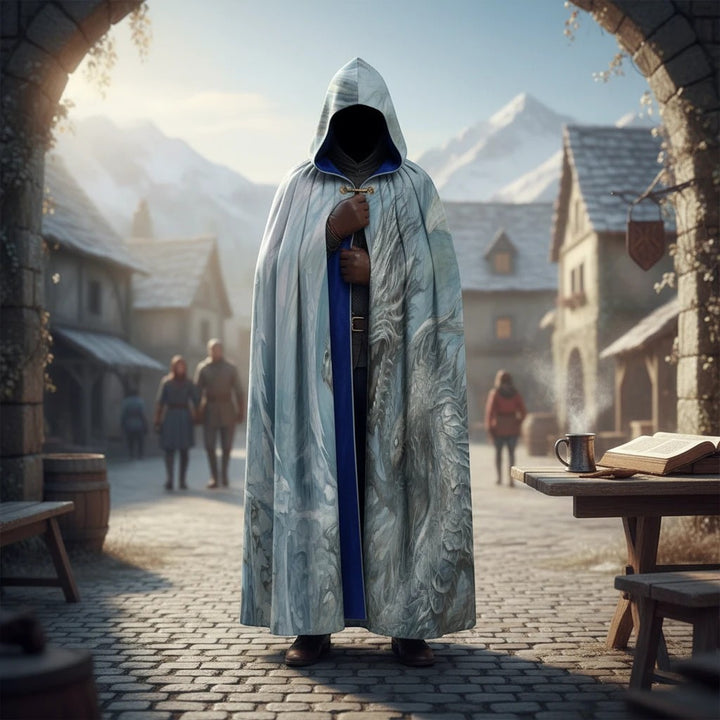 Sea Dragon Dreams hooded cloak with dragon artwork, worn by a figure in a fantasy village setting.
