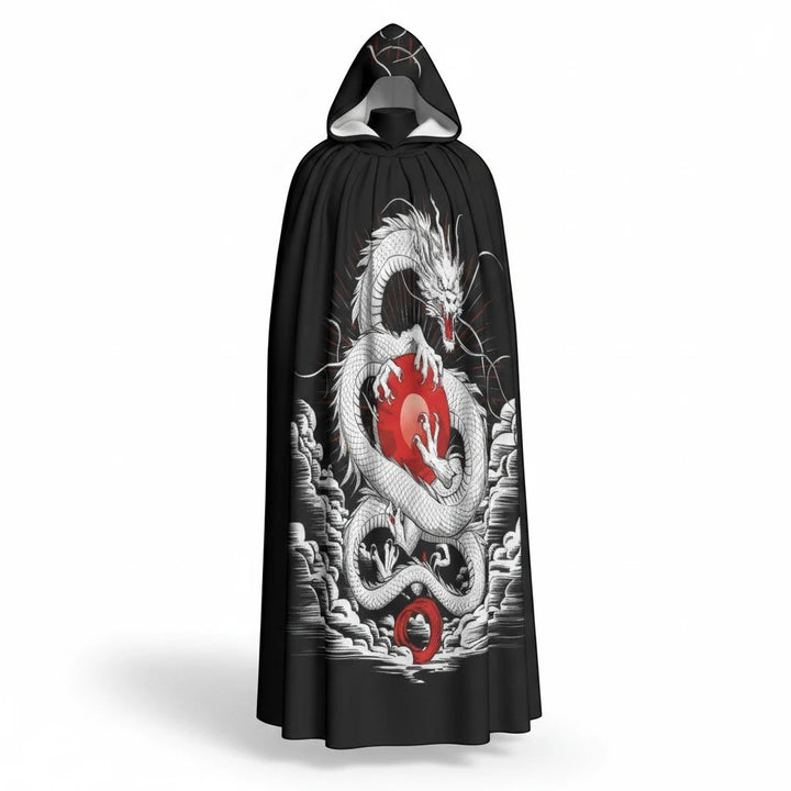 Sea Dragon Dreams hooded cloak featuring a white dragon and red orb graphic on a black scuba fabric background.
