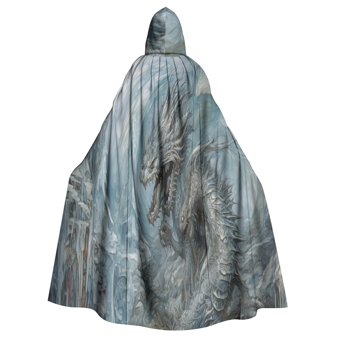 Sea Dragon Dreams unisex hooded cloak featuring a detailed grey dragon illustration on soft microfiber fabric