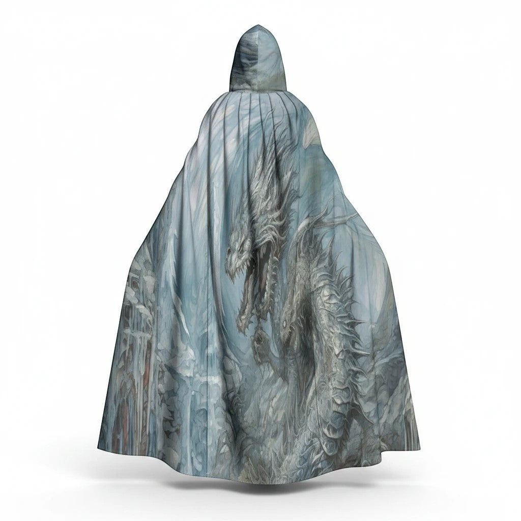 Sea Dragon Dreams unisex hooded cloak featuring a detailed fantasy dragon print on soft microfiber fabric